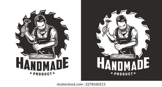 Bearded carpenter for logo of carpentry or wood carving. Woodworker with chisel in his hands for design of workshop or woodworking