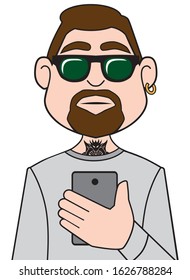 A bearded cartoon man with an earring and tattoo is using his cell phone