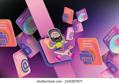 A bearded cartoon man with glasses with a laptop on the screen of a smart watch. Vector banner