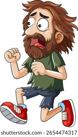 A bearded cartoon man with tattered clothes runs in panic, showcasing exaggerated expressions and vibrant colors