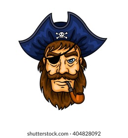 Bearded cartoon pirate captain character smoking pipe wearing eye patch and blue hat with jolly roger symbol. May be used for piracy mascot or marine adventure design