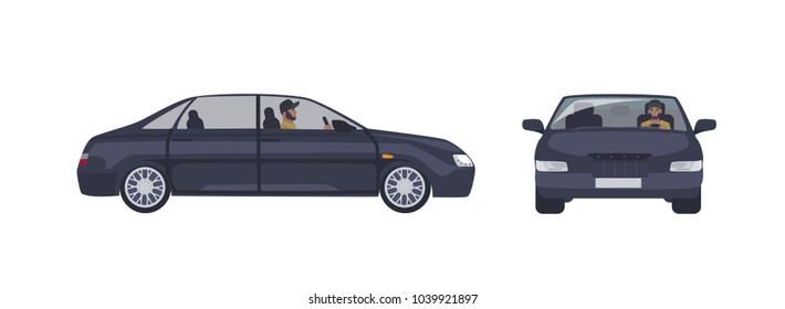 Hombre caucásico con barba en el capuchón conduciendo camión sedán negro aislado sobre fondo blanco. Chófer masculino y su automóvil de lujo. Vistas frontales y laterales. Dibujo vectorial colorido de caricatura en estilo plano.