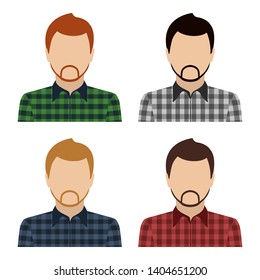 Bearded Caucasian man in checkered shirt. Set of abstract male avatars. Vector.
