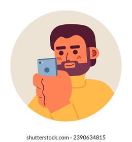Bearded caucasian man looking at phone 2D vector avatar illustration. Holding mobile beard european adult male cartoon character face. Social media user flat color user profile image isolated on white