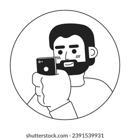 Bearded caucasian man looking at phone black and white 2D vector avatar illustration. Holding mobile beard european adult male outline cartoon character face isolated. Social media user flat portrait