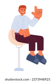 Bearded caucasian man sitting on swivel bar stool 2D cartoon character. European guy on barstool seating isolated vector person white background. Raising index finger color flat spot illustration