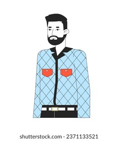 Bearded caucasian man standing 2D linear cartoon character. Adult european guy relaxed posing isolated line vector person white background. Office worker in casual clothes color flat spot illustration