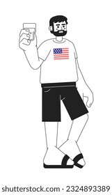 Bearded caucasian man toasting with punch glass monochromatic flat vector character. July 4th celebration. Editable line full body person on white. Simple bw cartoon spot image for web graphic design