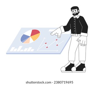 Bearded caucasian man touching data dashboard black and white 2D cartoon character. European adult male studying charts isolated vector outline person. Analyst monochromatic flat spot illustration