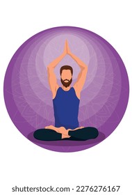 bearded character man meditating in lotus position on purple background in FaceLess style