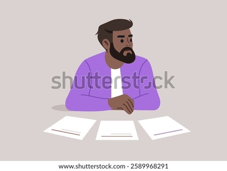 A bearded character sits thoughtfully at a table, analyzing multiple blank sheets of paper, lost in their considerations about potential paths and decisions to take in life