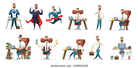  Bearded charming business men in different situations and poses. Manager character design. Businessman collection.