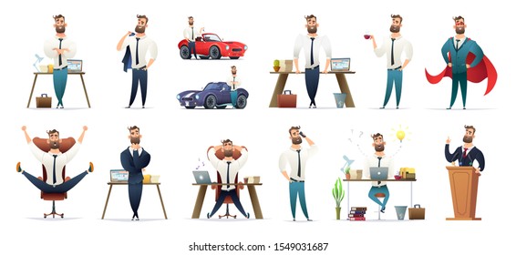  Bearded charming business men in different situations and poses. Manager character design. Businessman collection.