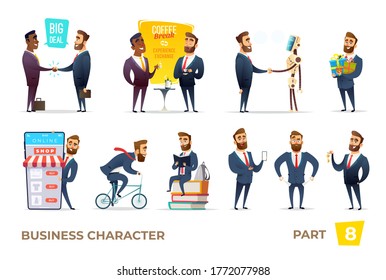 Bearded charming business men in different situations. 