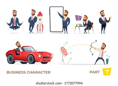 Bearded charming business men in different situations. 