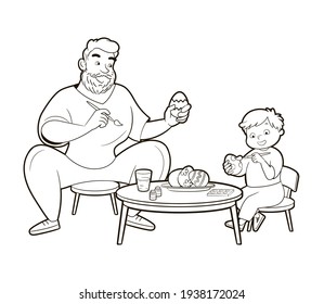 Bearded and cheerful dad draw together with his son, little boy, Easter eggs for the Easter holiday. Happy family, father's day. Vector illustration in cartoon style, black and white line art