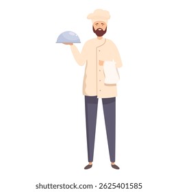 Bearded chef holding a covered restaurant serving tray, food service worker smiling at restaurant