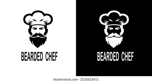 Logotipo de chef barbudo com um retrato estilizado com um chapéu de chef e uma barba grossa. Ideal para restaurantes, serviços de catering ou marcas culinárias que buscam uma identidade ousada e moderna