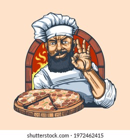 Bearded chef with a pizza in his hand on the background of the oven with a gesture of fingers okay.
