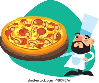 Bearded chef showing big tasty pizza with bacon, cheese and mushrooms on wooden round tray. On green background. Isolated. 