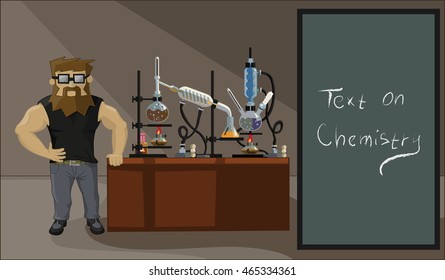 bearded chemist drug dealer on a background of drug labs