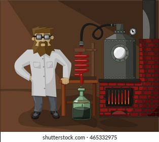bearded chemist on the background of the laboratory and laboratory glassware
