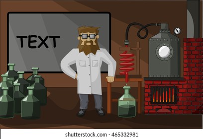 bearded chemist on the background of the laboratory and laboratory glassware
