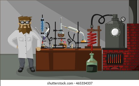 bearded chemist on the background of the laboratory and laboratory glassware