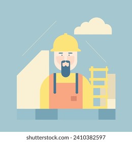 Bearded construction worker with helmet and overalls against a building backdrop. Male builder in safety gear at a construction site vector illustration.