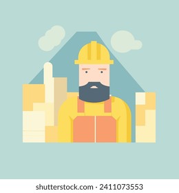 Bearded construction worker with helmet standing in front of building site. Serious male builder in safety gear and uniform vector illustration.