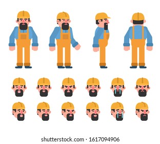 Bearded construction worker or mechanic creation kit. Create your own pose or animation. Flat design vector illustration