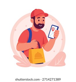 El mensajero barbudo muestra la confirmación del pedido en el App de entrega móvil.