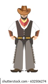 Bearded cowboy with hat holds for two pistols under belt