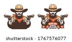 Bearded cowboy western gunfighter with guns. Wild west gunslinger - retro emblem. Vector illustration.