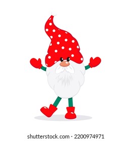 A bearded cute gnome in a red cap, a fairy-tale Christmas character. Vector illustration in flat style.