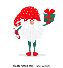 A bearded cute gnome in a red cap, a fairy-tale Christmas character. Vector illustration in flat style.