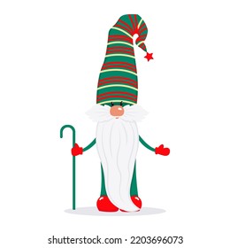 A bearded cute gnome in a red cap, a fairy-tale Christmas character. Vector illustration in flat style.