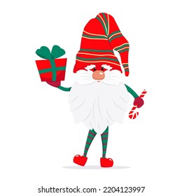 A bearded cute gnome in a red cap, a fairy-tale Christmas character. Vector illustration in flat style.