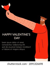 
A bearded cute man holding a heart with wings in his hand. Romantic vertical Valentine's Day card. Vector hand drawing illustration.