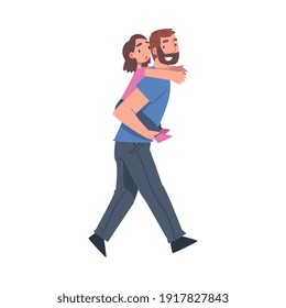 Bearded Dad Carrying His Daughter on His Back Vector Illustration