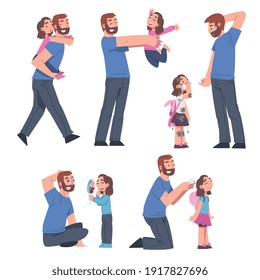 Bearded Dad and His Daughter Having Good Time Playing Together Vector Set