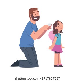 Bearded Dad Putting Crown on the Head of His Little Daughter Vector Illustration