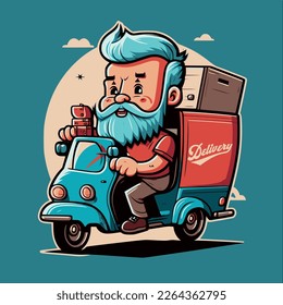 Bearded delivery man riding a scooter. Free delivery. Cartoon illustration. 
