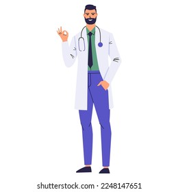 Bearded doctor gesturing ok. Smiling medical worker gestures that everything is cool and great. A character with a stethoscope and a white coat. Flat vector isolated on white background.