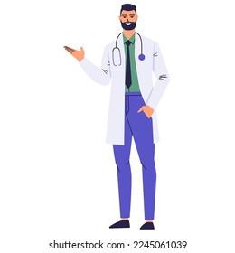 A bearded doctor is pointing at something with his hand. Presents, demonstrates. A medical worker with a stethoscope and in a white coat. Smiling character isolated on white. Flat vector.