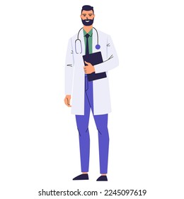 Bearded doctor standing with stethoscope and clipboard. A medical worker in a white coat. Smiling character isolated on white background. Flat style, vector.