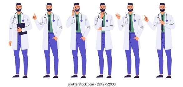 Bearded Doctor stands in various poses and gestures. Medical worker calls, thinking, showing thumb up, pointing with index fingers, ok. Man in a white coat and with a stethoscope isolated on a white.