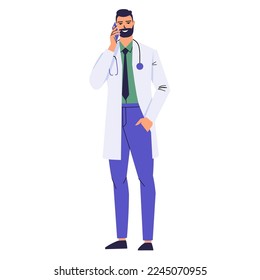 A bearded doctor is talking on a mobile phone. Call, phone consultation. A medical worker with a stethoscope and in a white coat. Smiling character isolated on white background. Flat vector.
