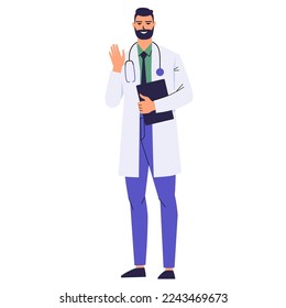 A bearded doctor waves his hand. The medical worker welcomes you. Doctor with stethoscope and in white coat isolated on white. Full length character holding a clipboard. Flat style, vector.