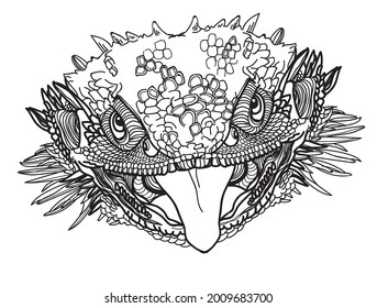 Bearded dragon. Lizard. Dragon head. Meditative coloring antistress. Stylish drawing.